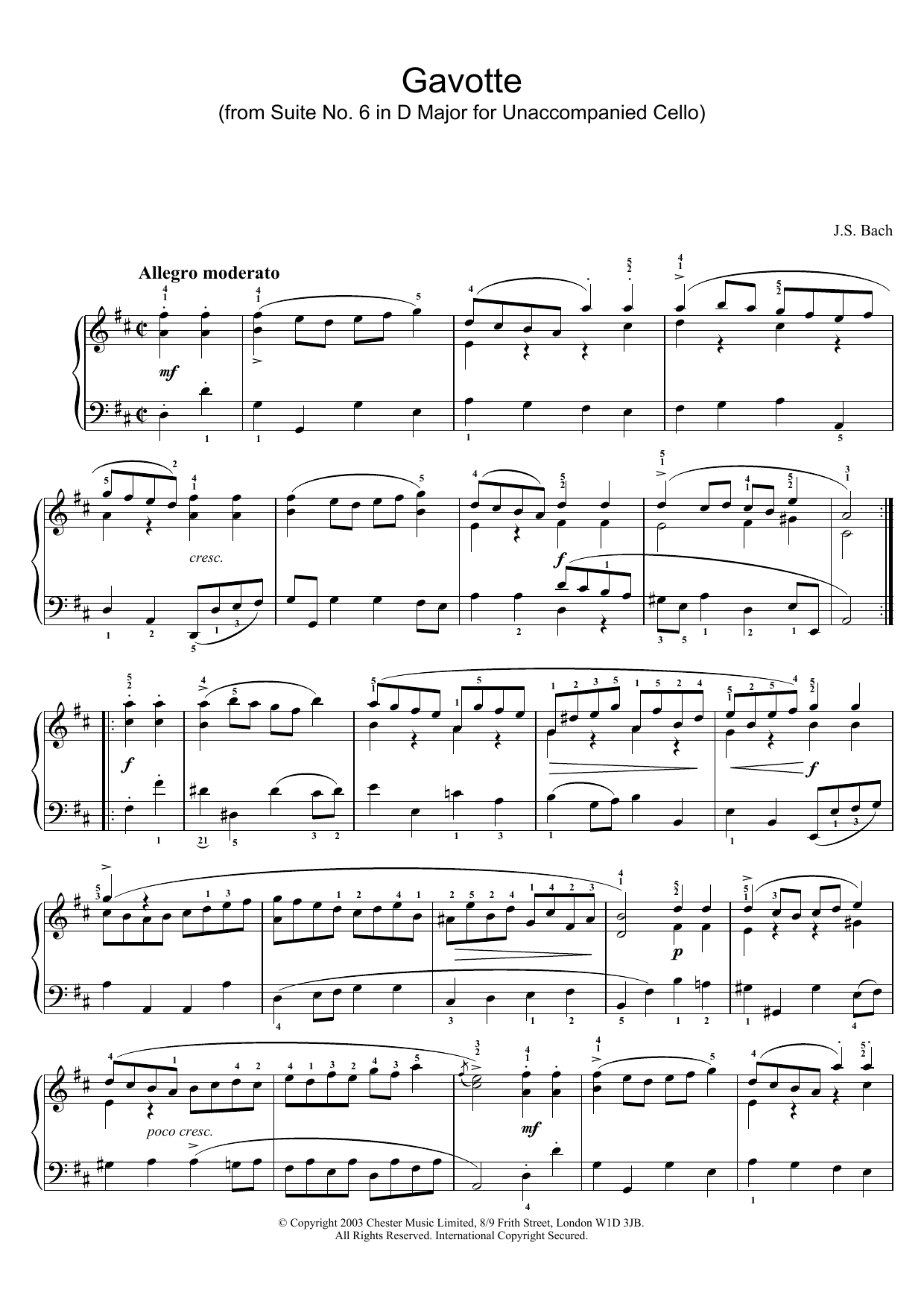 Johann Sebastian Bach Gavotte (from Suite No. 6 in D Major for Unaccompanied Cello) Sheet Music Notes & Chords for Piano - Download or Print PDF