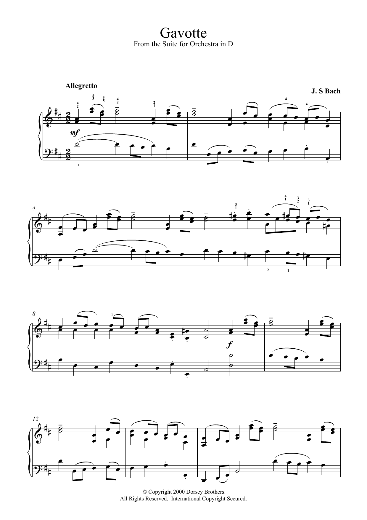 Johann Sebastian Bach Gavotte (from the Suite for Orchestra in D) Sheet Music Notes & Chords for Piano - Download or Print PDF