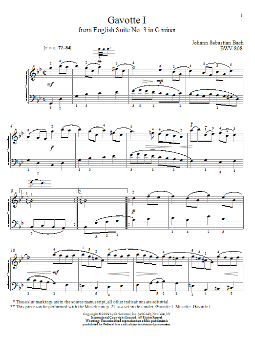 Johann Sebastian Bach Gavotte I, BWV 808 Sheet Music Notes & Chords for Piano Solo - Download or Print PDF