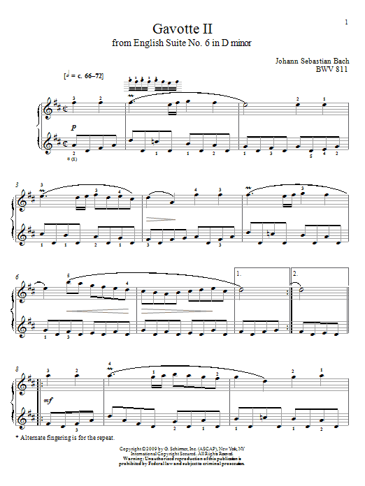 Johann Sebastian Bach Gavotte II, BWV 811 Sheet Music Notes & Chords for Piano - Download or Print PDF