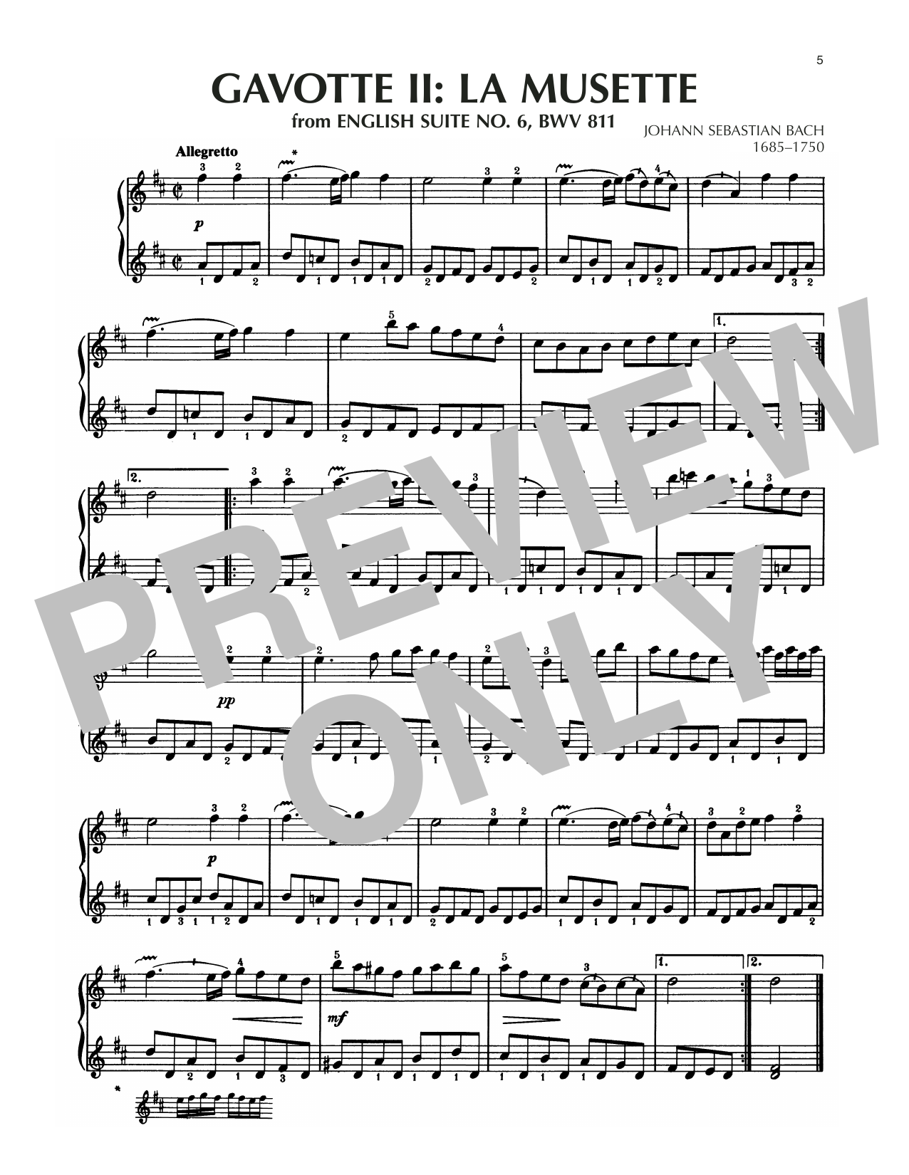 Johann Sebastian Bach Gavotte II In D Major, BWV 811 Sheet Music Notes & Chords for Piano Solo - Download or Print PDF