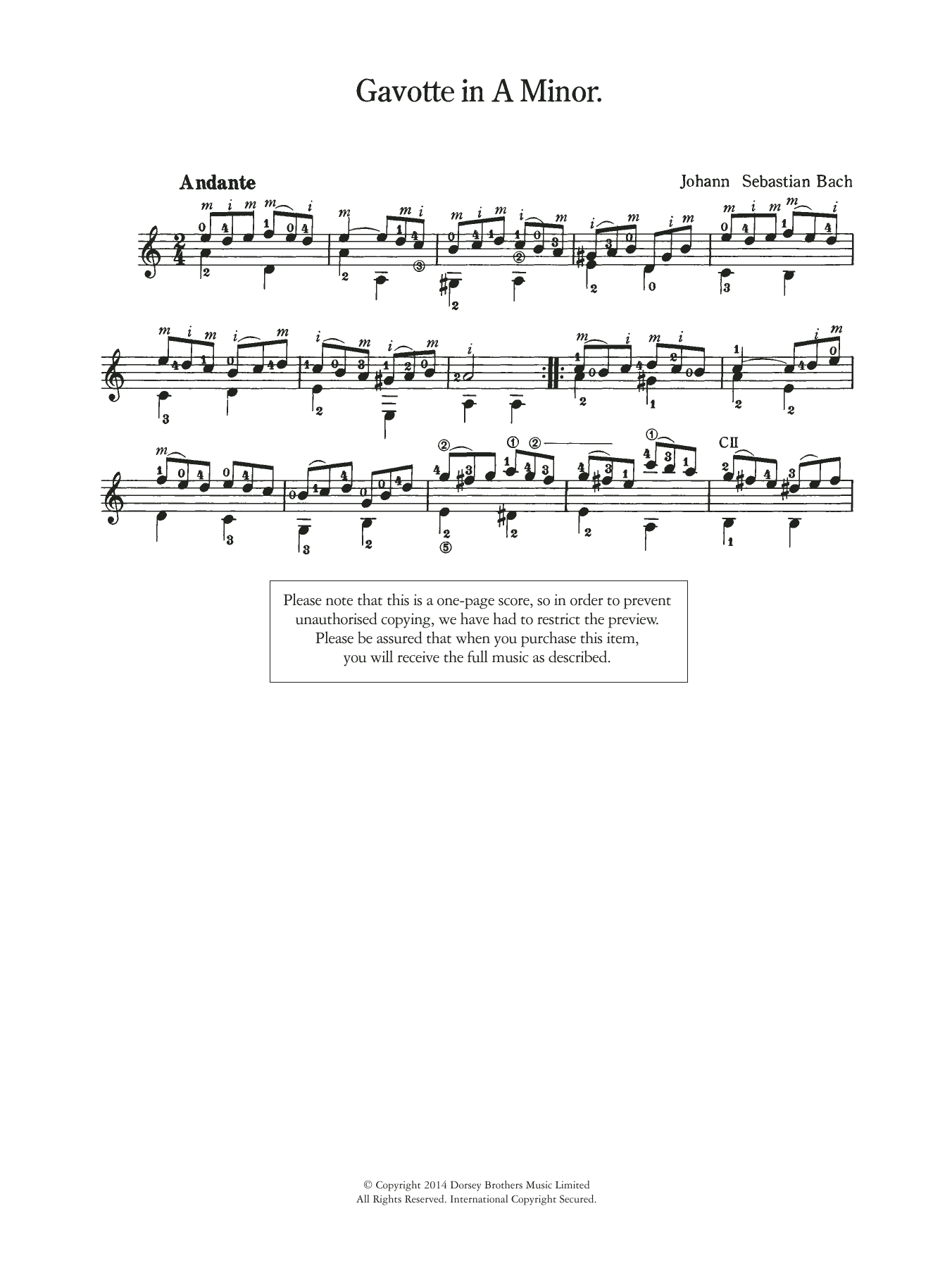 Johann Sebastian Bach Gavotte in A Minor Sheet Music Notes & Chords for Guitar - Download or Print PDF
