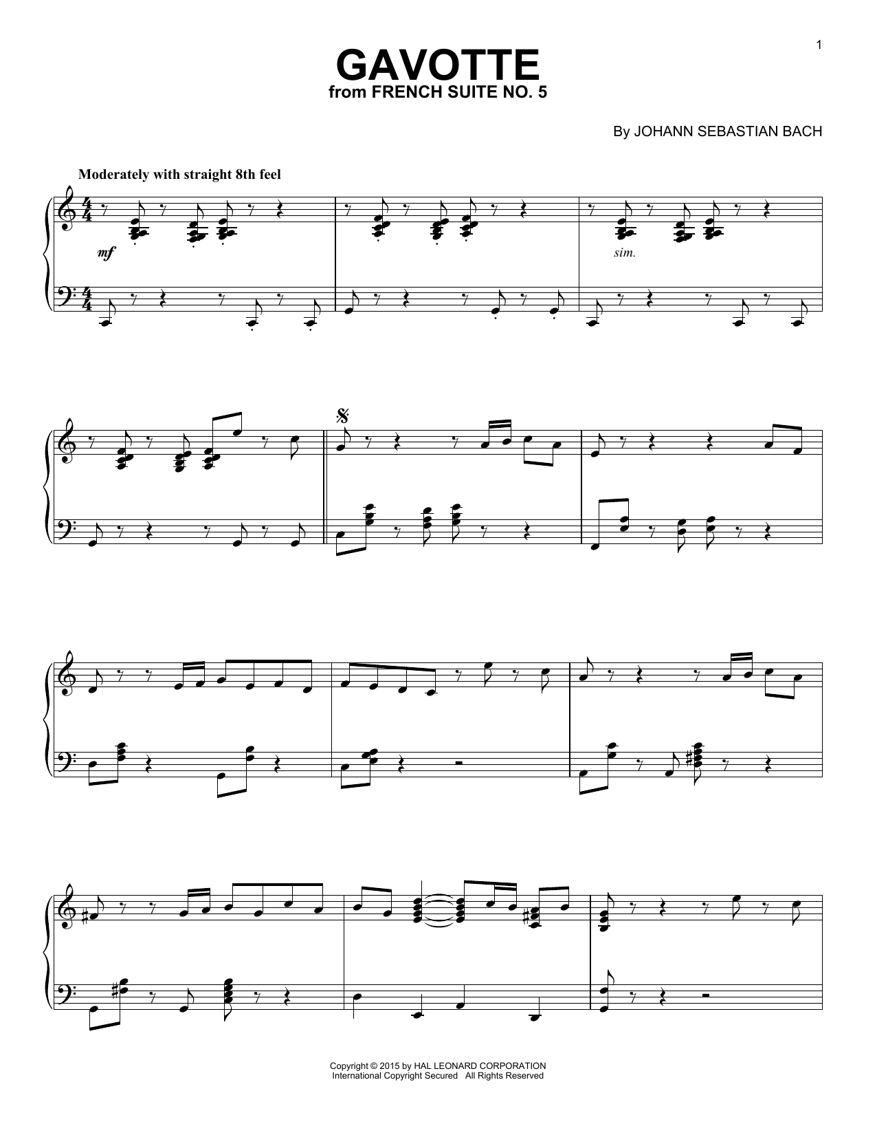 Johann Sebastian Bach Gavotte [Jazz version] Sheet Music Notes & Chords for Piano - Download or Print PDF