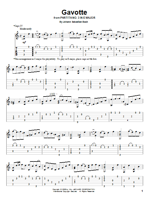 Johann Sebastian Bach Gavotte Sheet Music Notes & Chords for Guitar Tab Play-Along - Download or Print PDF