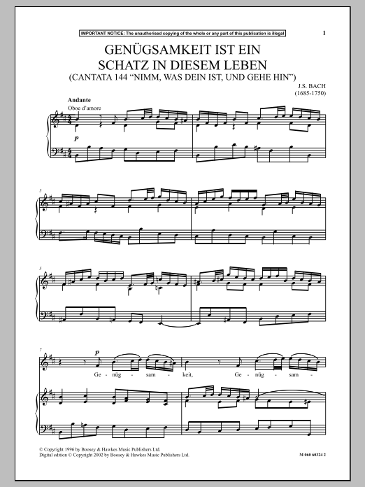 Johann Sebastian Bach Genugsamkeit Ist Ein Schatz In Diesem Leben (Cantata 144 Nimm, Was Dein Ist, Und Gehe Hin) Sheet Music Notes & Chords for Piano & Vocal - Download or Print PDF