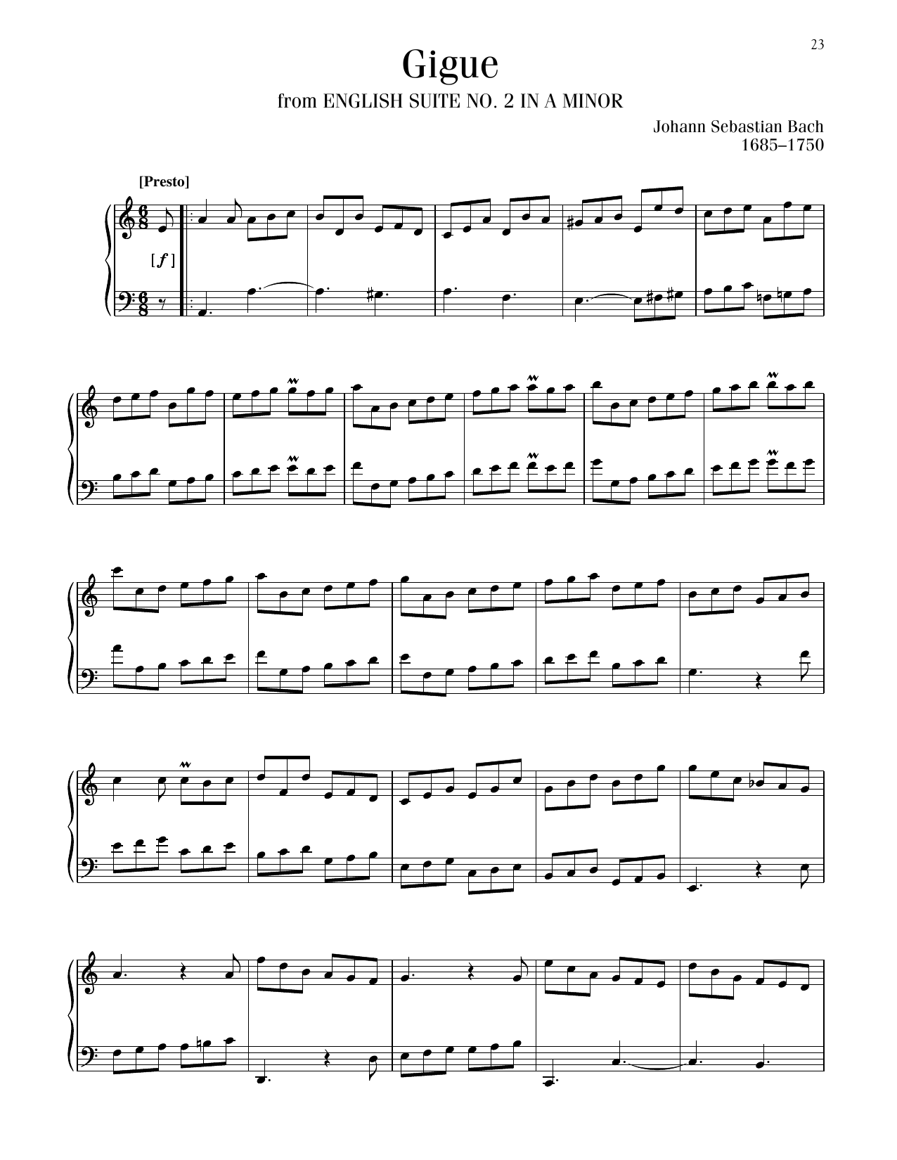 Johann Sebastian Bach Gigue, BWV 807 Sheet Music Notes & Chords for Piano Solo - Download or Print PDF
