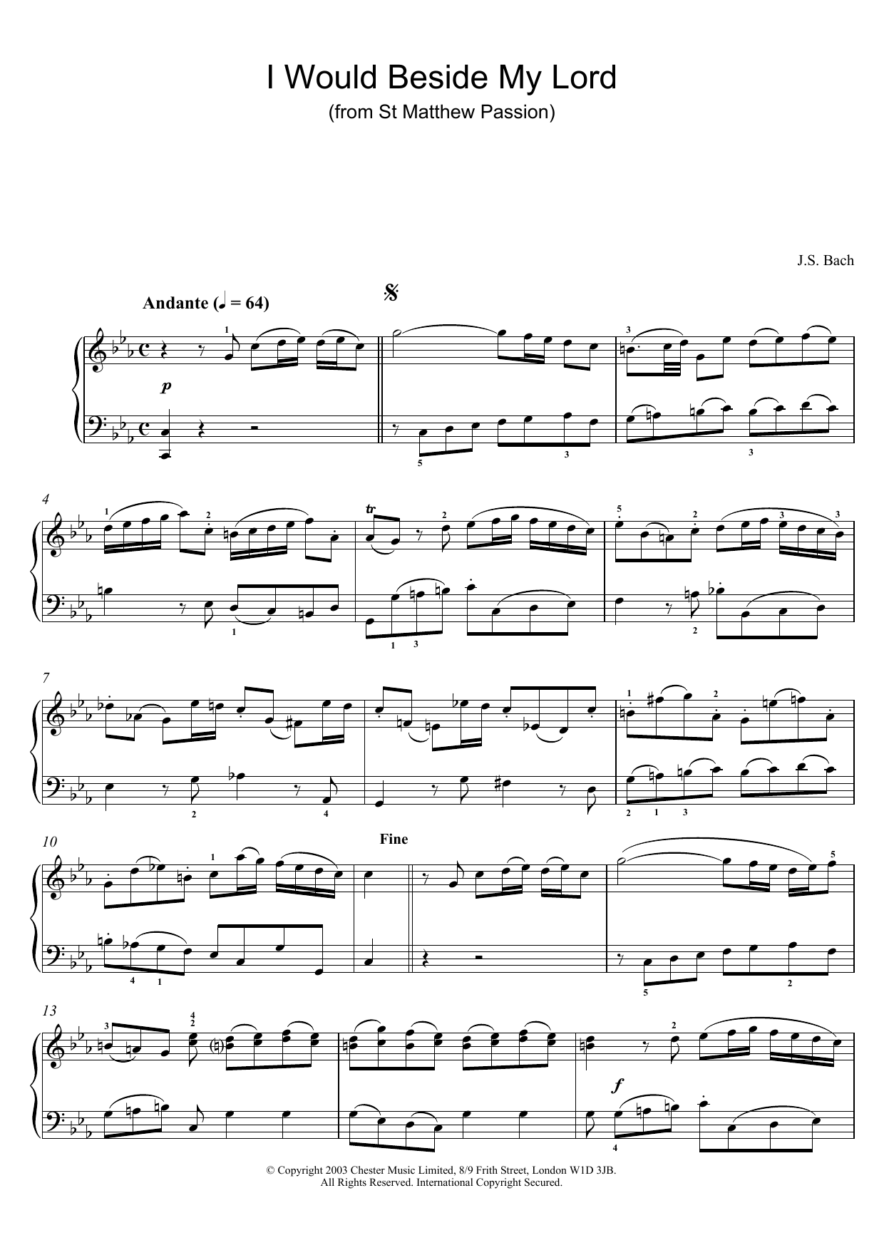 Johann Sebastian Bach I Would Beside My Lord (from St Matthew Passion) Sheet Music Notes & Chords for Piano - Download or Print PDF