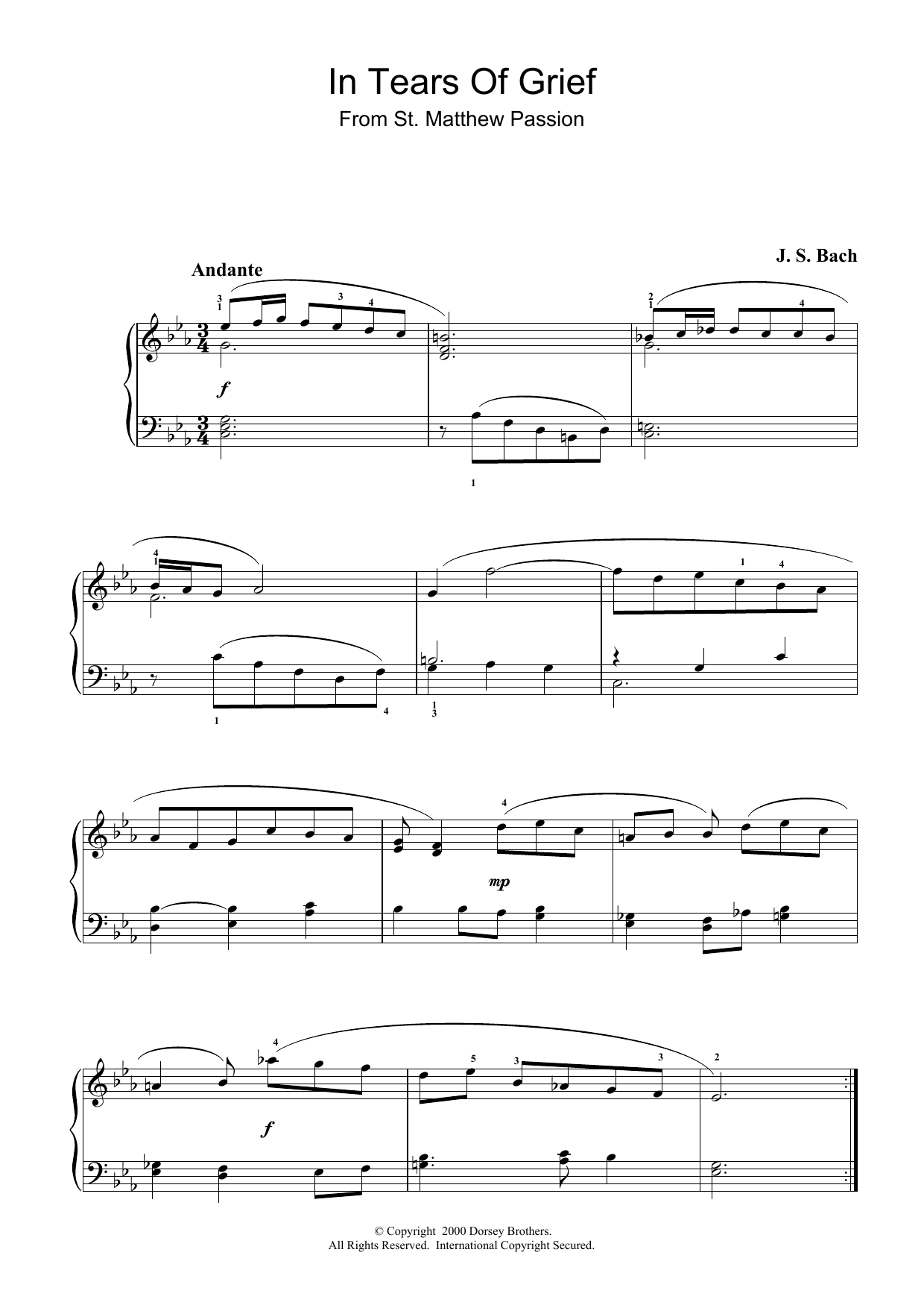 Johann Sebastian Bach In Tears Of Grief (from St Matthew Passion) Sheet Music Notes & Chords for Piano - Download or Print PDF