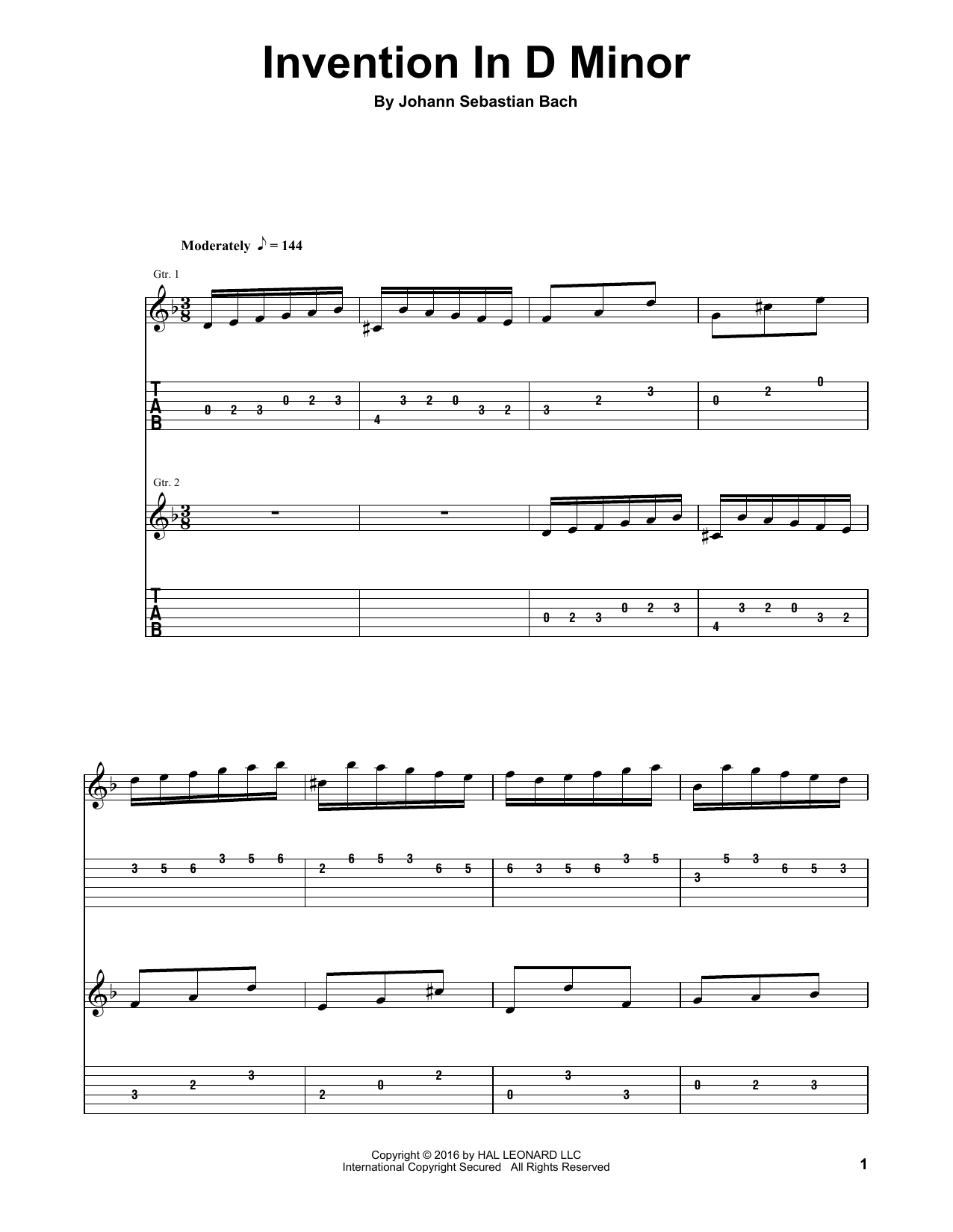 Johann Sebastian Bach Invention In D Minor Sheet Music Notes & Chords for Guitar Tab Play-Along - Download or Print PDF