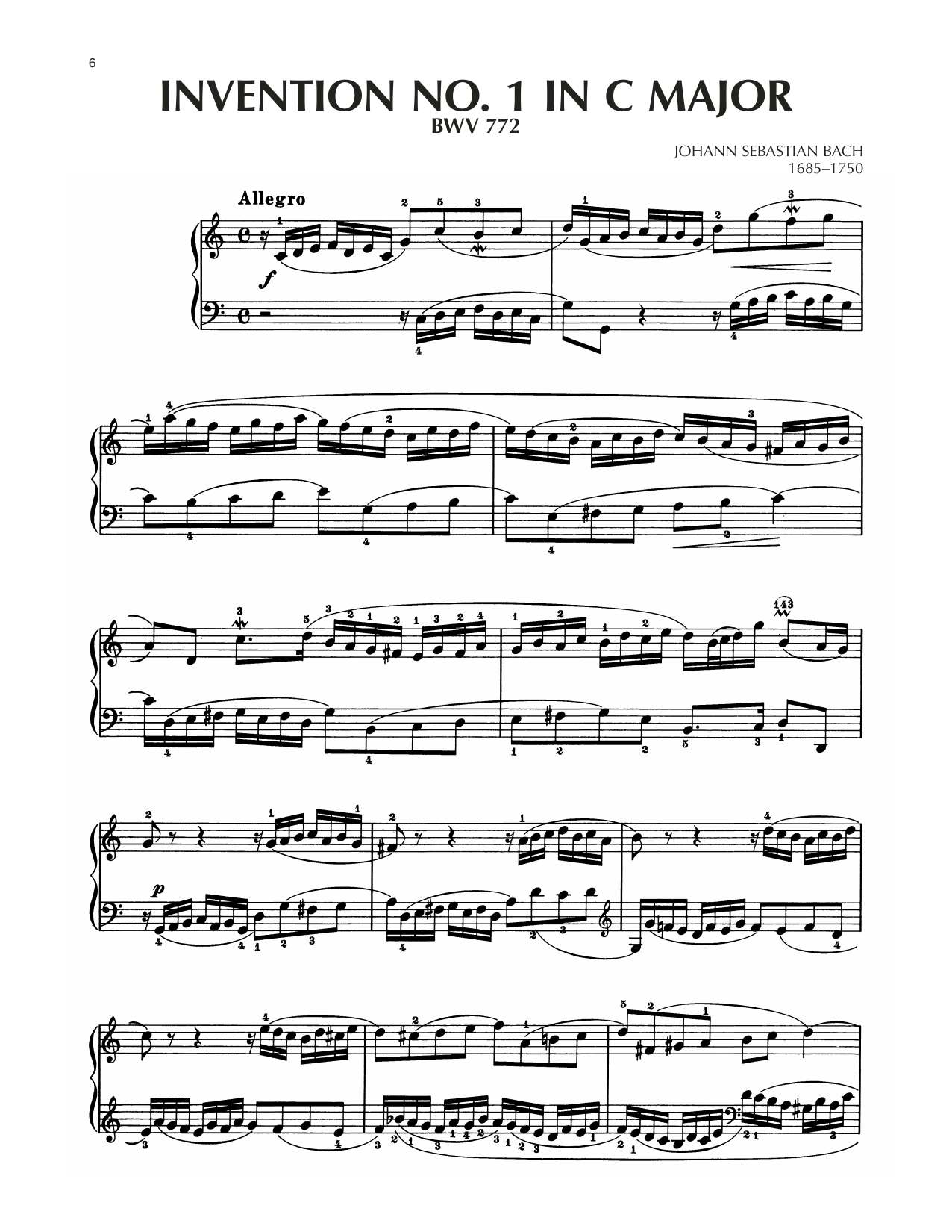 Johann Sebastian Bach Invention No. 1 In C Major, BWV 772 Sheet Music Notes & Chords for Piano Solo - Download or Print PDF