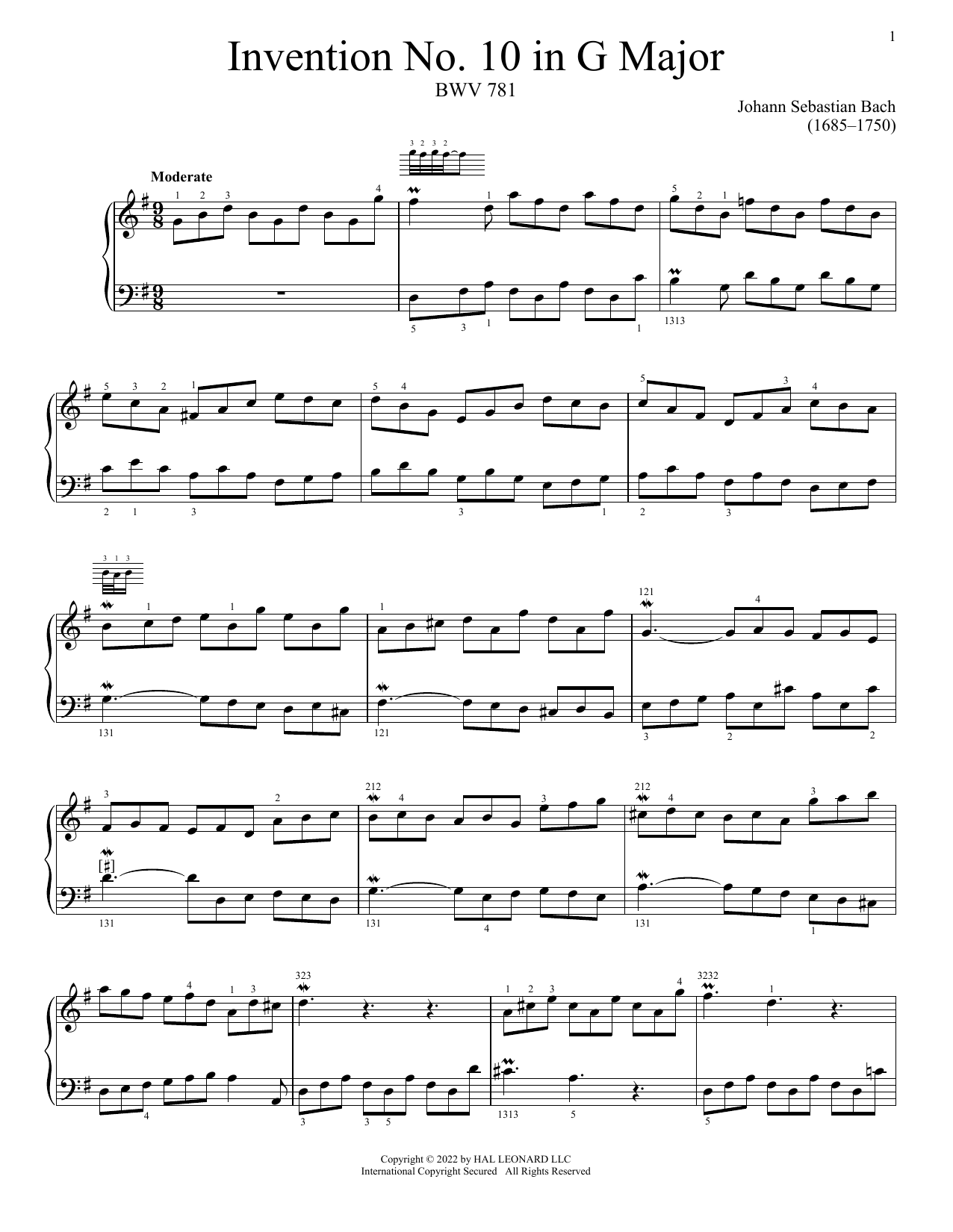 Johann Sebastian Bach Invention No. 10 In G Major, BWV 781 Sheet Music Notes & Chords for Piano Solo - Download or Print PDF