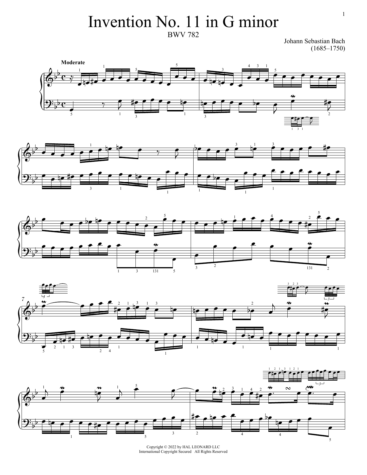 Johann Sebastian Bach Invention No. 11 In G Minor, BWV 782 Sheet Music Notes & Chords for Piano Solo - Download or Print PDF