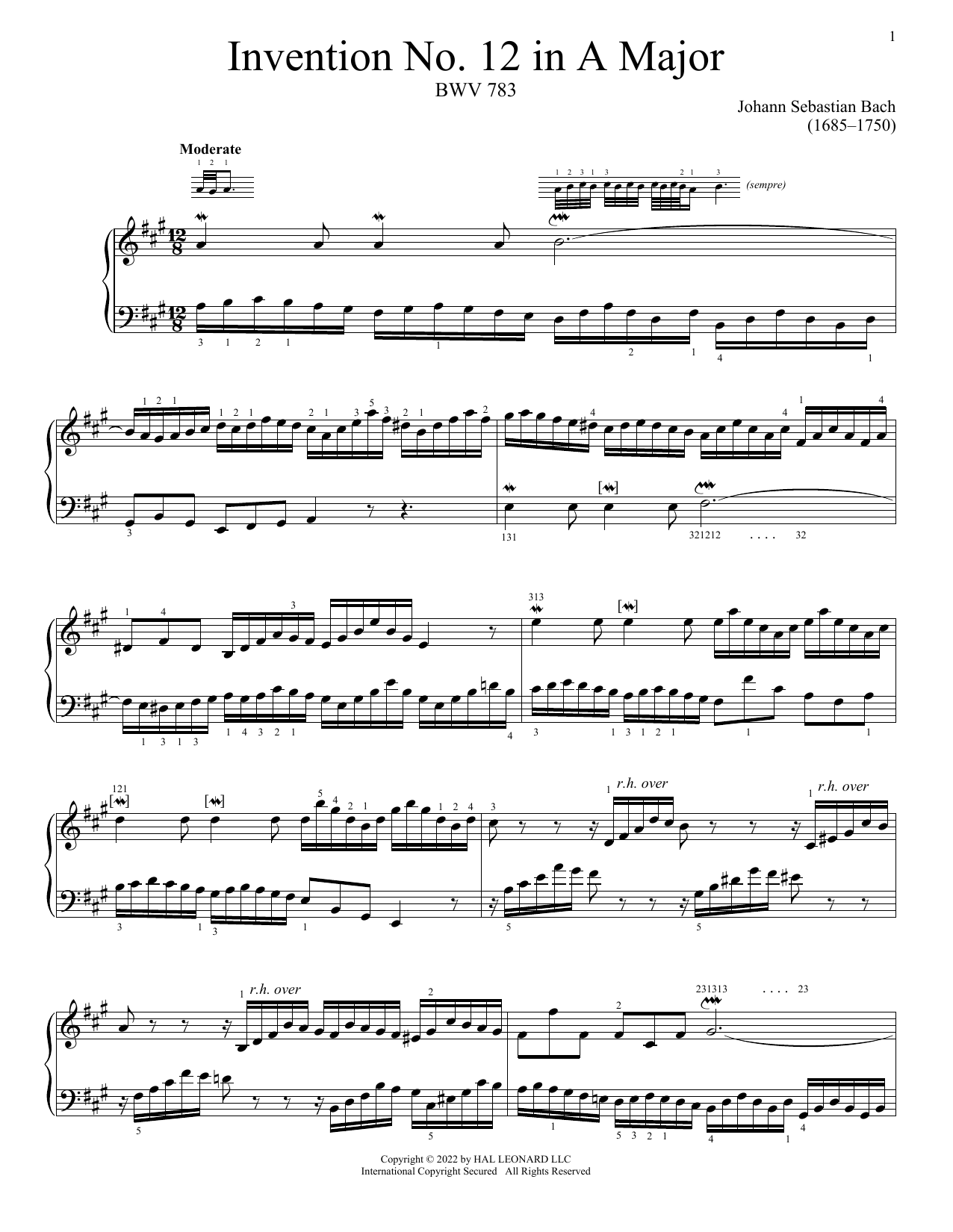 Johann Sebastian Bach Invention No. 12 In A Major, BWV 783 Sheet Music Notes & Chords for Piano Solo - Download or Print PDF