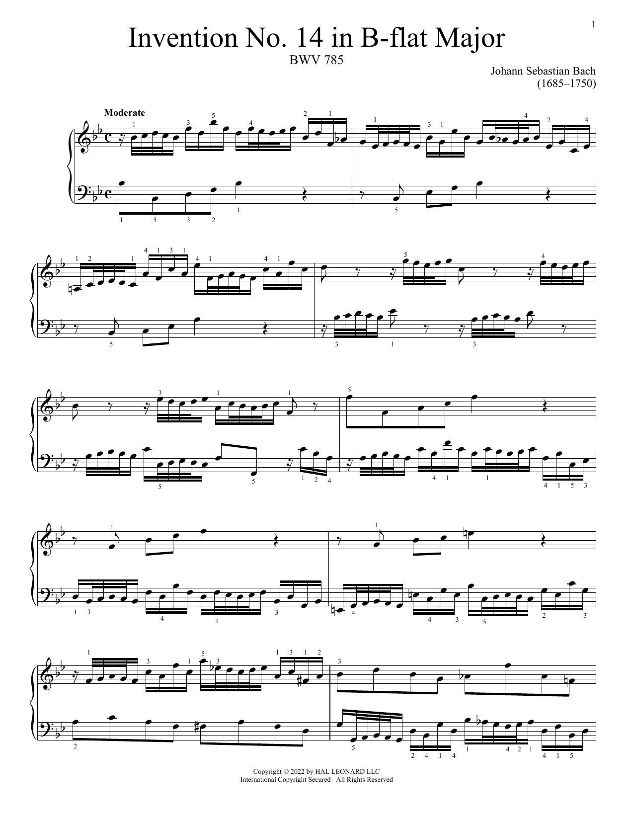 Johann Sebastian Bach Invention No. 14 In B-Flat Major, BWV 785 Sheet Music Notes & Chords for Piano Solo - Download or Print PDF