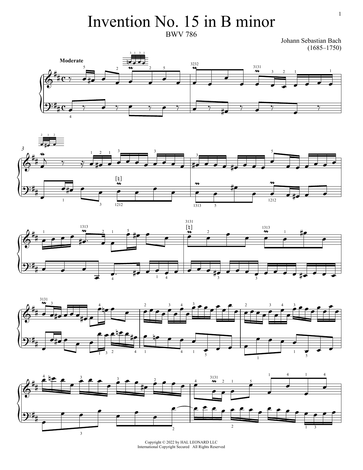 Johann Sebastian Bach Invention No. 15 In B Minor, BWV 786 Sheet Music Notes & Chords for Piano Solo - Download or Print PDF