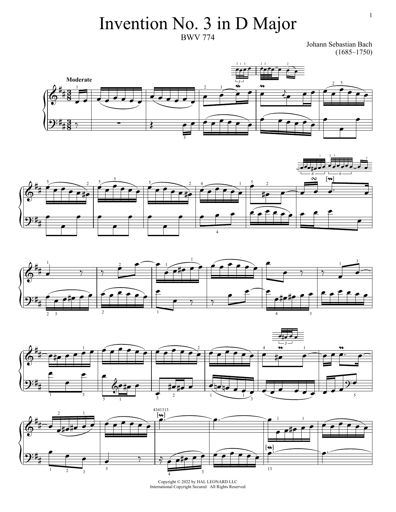 Johann Sebastian Bach Invention No. 3 In D Major, BWV 774 Sheet Music Notes & Chords for Piano Solo - Download or Print PDF