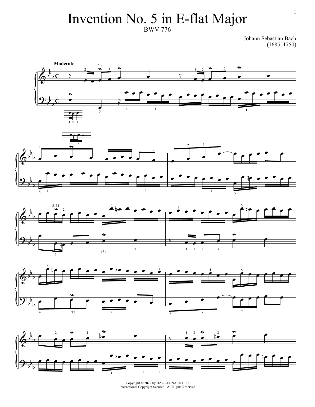 Johann Sebastian Bach Invention No. 5 In E-Flat Major, BWV 776 Sheet Music Notes & Chords for Piano Solo - Download or Print PDF