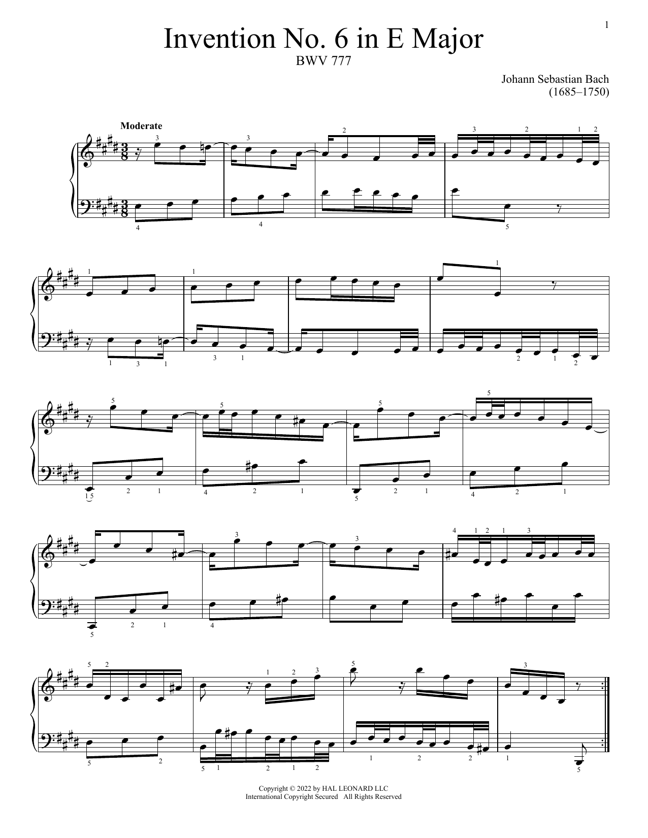 Johann Sebastian Bach Invention No. 6 In E Major, BWV 777 Sheet Music Notes & Chords for Piano Solo - Download or Print PDF