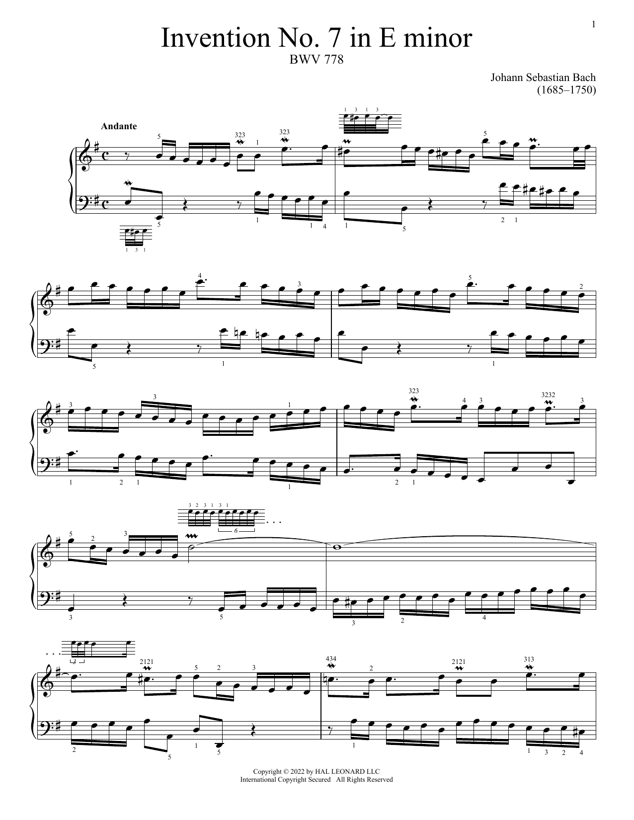 Johann Sebastian Bach Invention No. 7 In E Minor, BWV 778 Sheet Music Notes & Chords for Piano Solo - Download or Print PDF