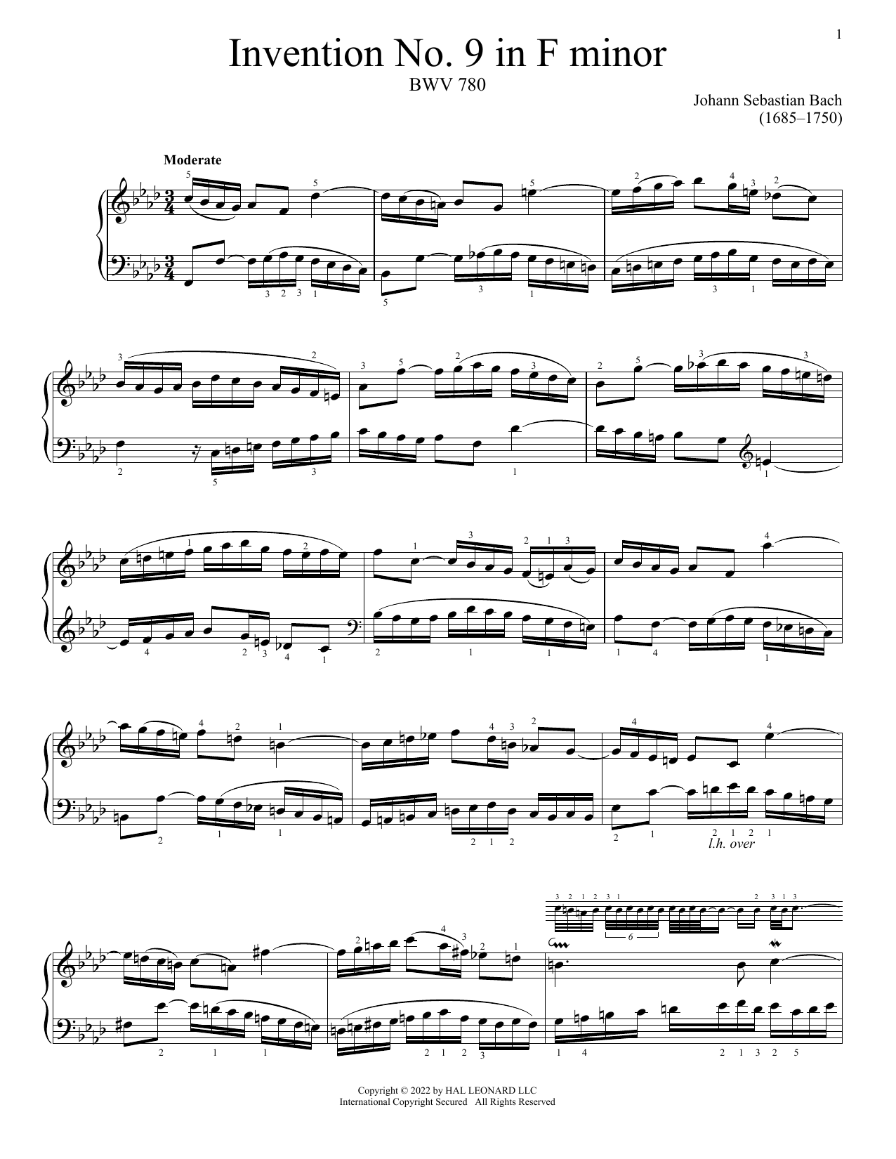 Johann Sebastian Bach Invention No. 9 In F Minor, BWV 780 Sheet Music Notes & Chords for Piano Solo - Download or Print PDF