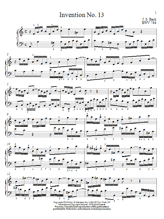 Johann Sebastian Bach Invention No.13 Sheet Music Notes & Chords for Piano - Download or Print PDF