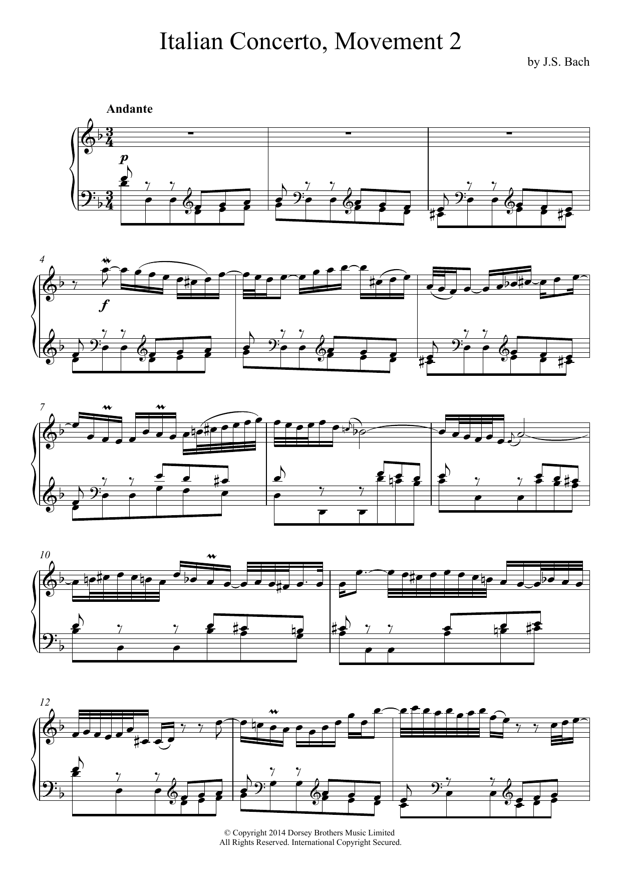 Johann Sebastian Bach Italian Concerto (2nd Movement: Andante) Sheet Music Notes & Chords for Piano - Download or Print PDF