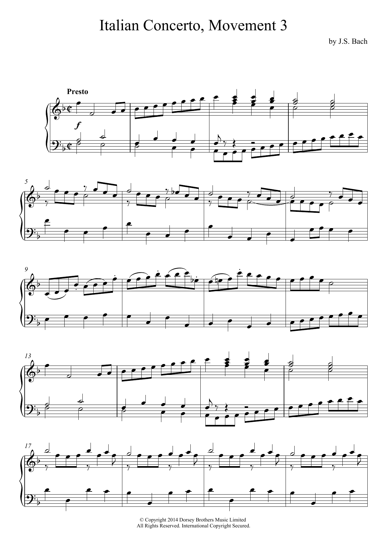 Johann Sebastian Bach Italian Concerto (3rd Movement) Sheet Music Notes & Chords for Piano - Download or Print PDF