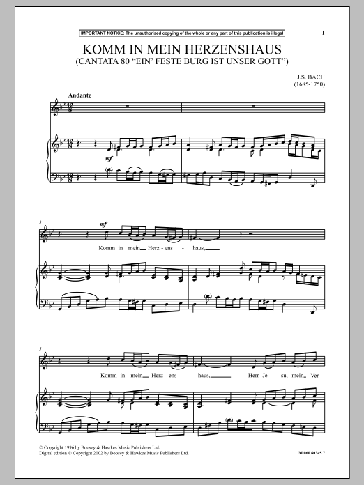 Johann Sebastian Bach Komm In Mein Herzenshaus (Cantata 80 Ein Feste Burg Ist Unser Gott) Sheet Music Notes & Chords for Piano & Vocal - Download or Print PDF