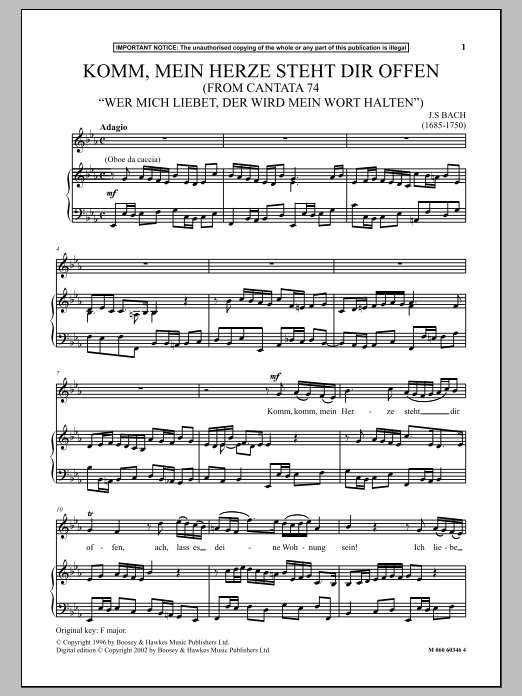 Johann Sebastian Bach Komm, Mein Herze Steht Dir Offen (from Cantata 74 Wer Mich Liebet, Der Wird Mein Wort Halten) Sheet Music Notes & Chords for Piano & Vocal - Download or Print PDF