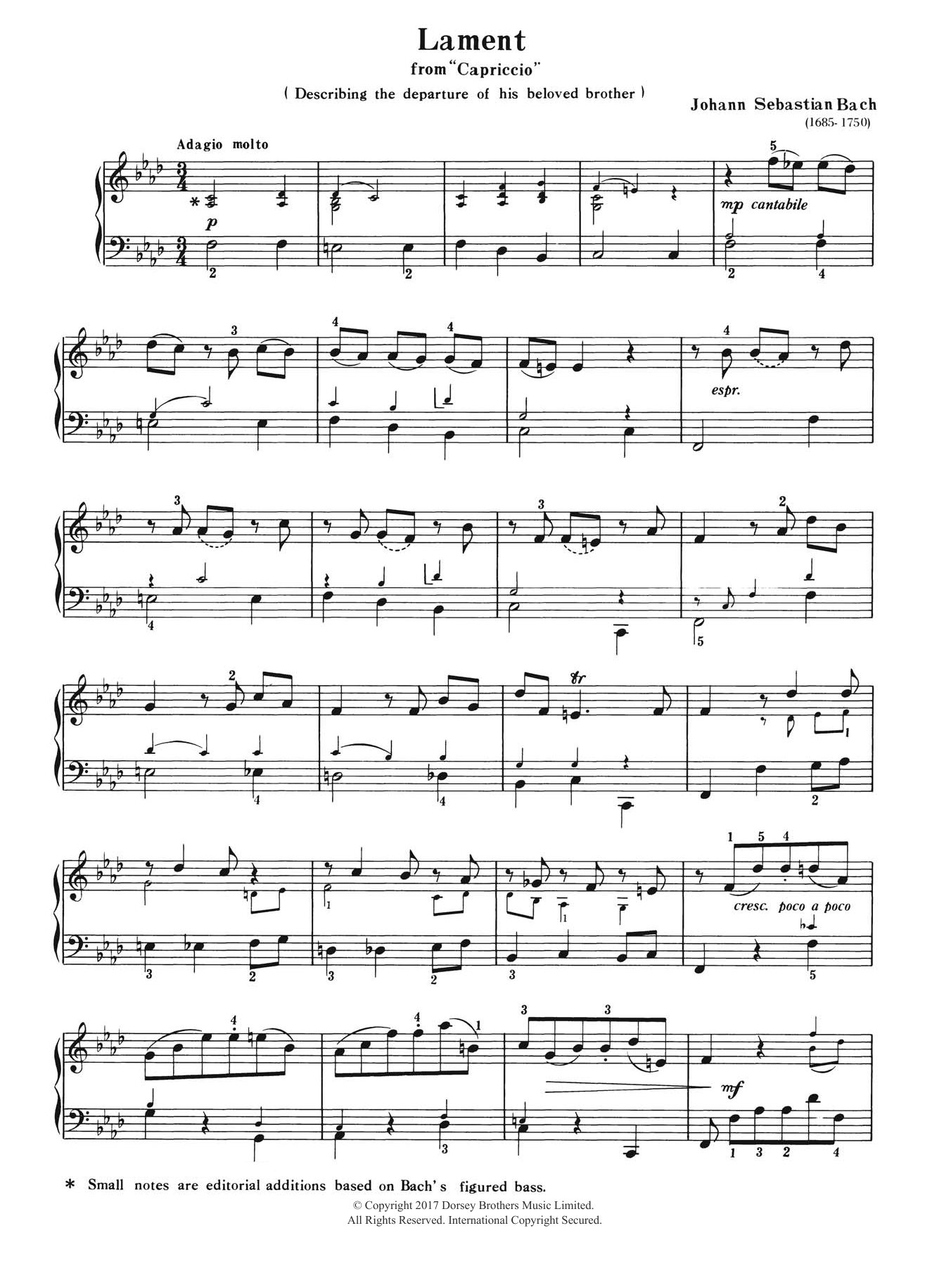 Johann Sebastian Bach Lament (from Capriccio) Sheet Music Notes & Chords for Piano - Download or Print PDF