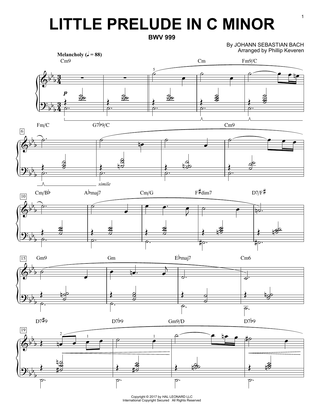 Johann Sebastian Bach Little Prelude in C Minor, BWV 999 [Jazz version] (arr. Phillip Keveren) Sheet Music Notes & Chords for Piano - Download or Print PDF