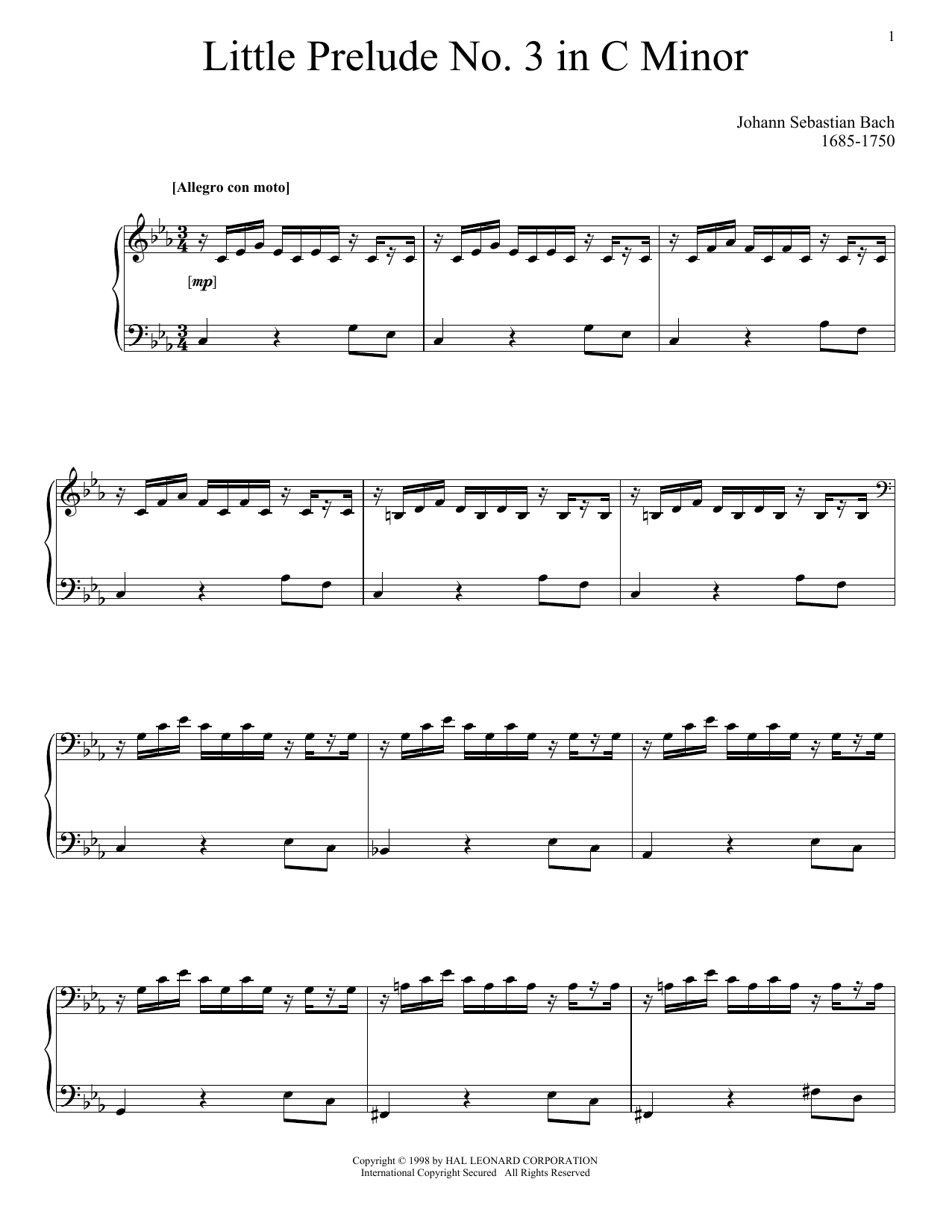 Johann Sebastian Bach Little Prelude No. 3 in C Minor Sheet Music Notes & Chords for Piano - Download or Print PDF