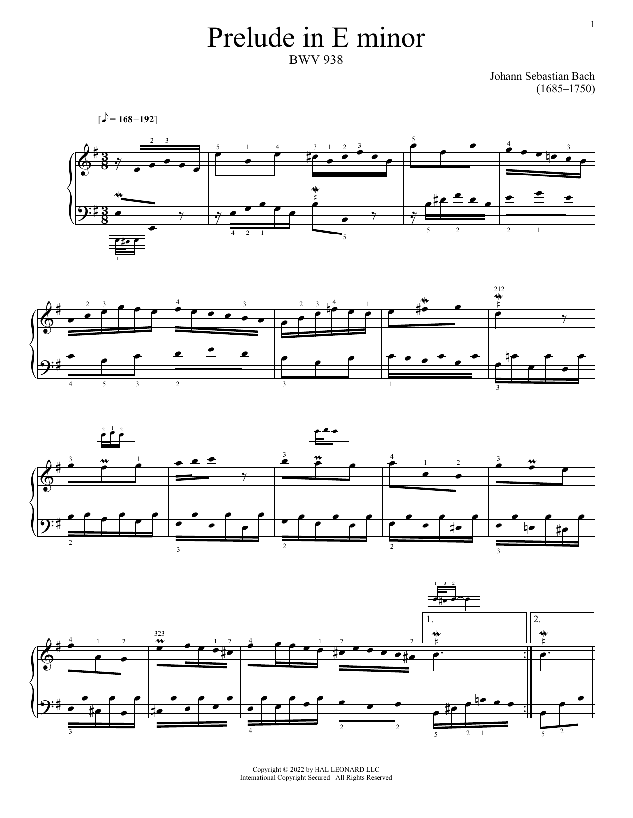 Johann Sebastian Bach Little Prelude No. 7 in E Minor Sheet Music Notes & Chords for Piano - Download or Print PDF