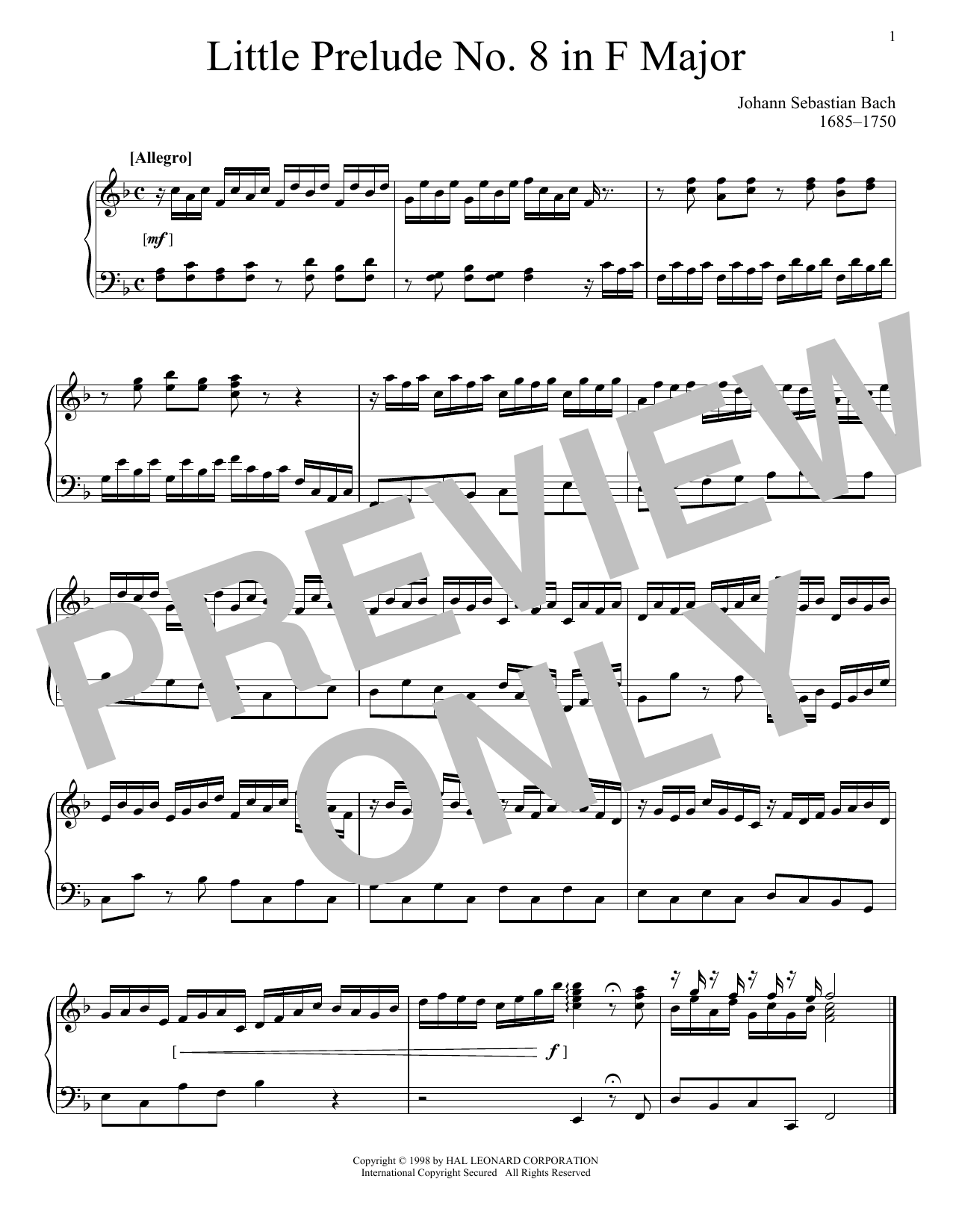 Johann Sebastian Bach Little Prelude No. 8 in F Major Sheet Music Notes & Chords for Piano - Download or Print PDF