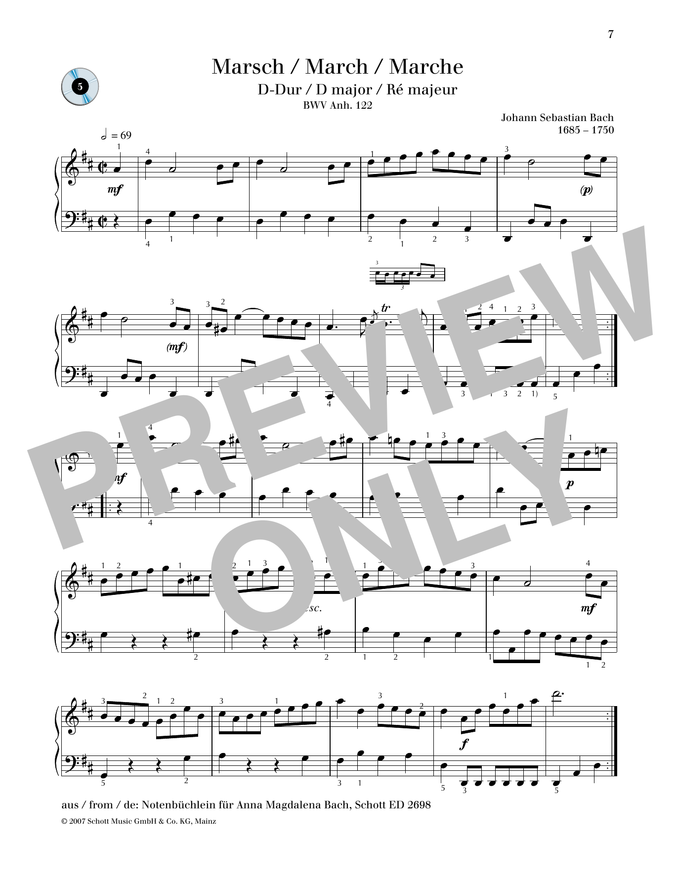 Johann Sebastian Bach March D major Sheet Music Notes & Chords for Piano Solo - Download or Print PDF