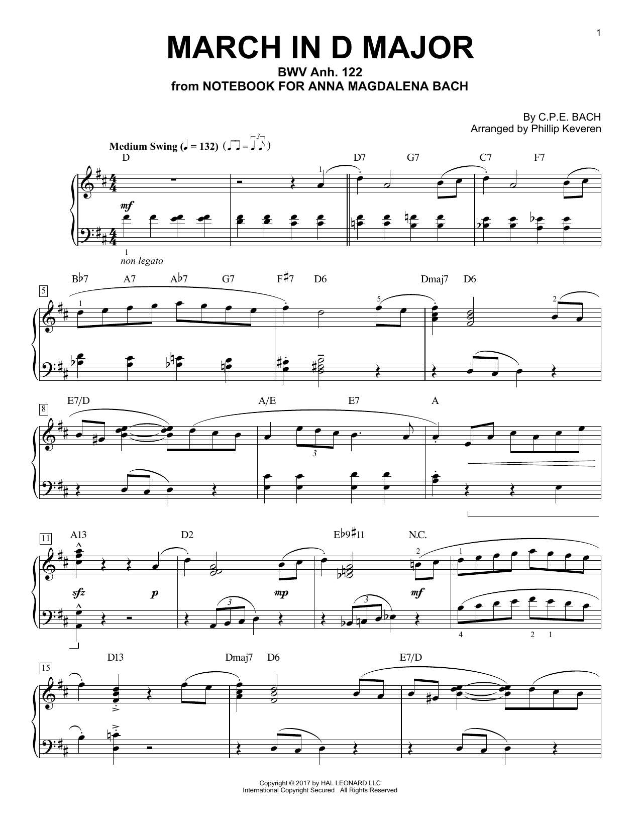 Johann Sebastian Bach March In D Major, BWV Anh. 122 [Jazz version] (arr. Phillip Keveren) Sheet Music Notes & Chords for Piano - Download or Print PDF