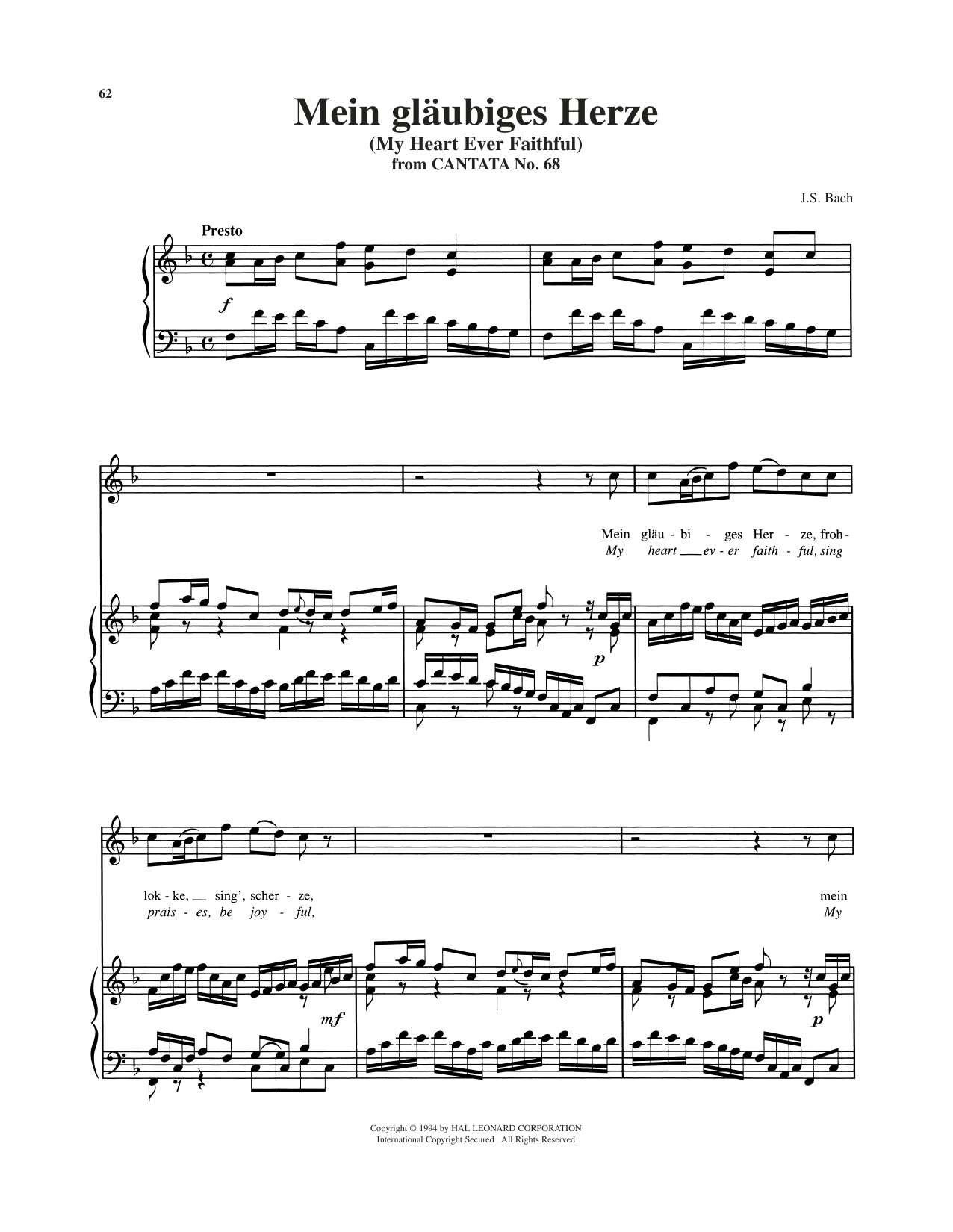 Johann Sebastian Bach Mein Glaubiges Herze Sheet Music Notes & Chords for Piano & Vocal - Download or Print PDF