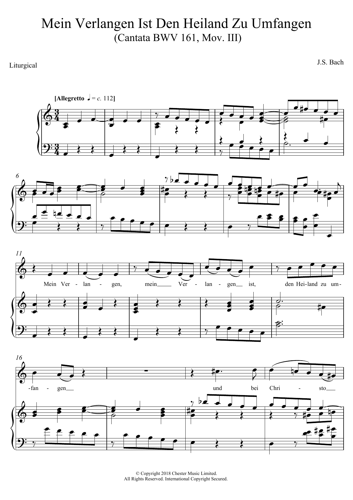 Johann Sebastian Bach Mein Verlangen Ist Den Heiland Zu Umfangen (Cantata BWV 161, Mov. III) Sheet Music Notes & Chords for Piano, Vocal & Guitar - Download or Print PDF