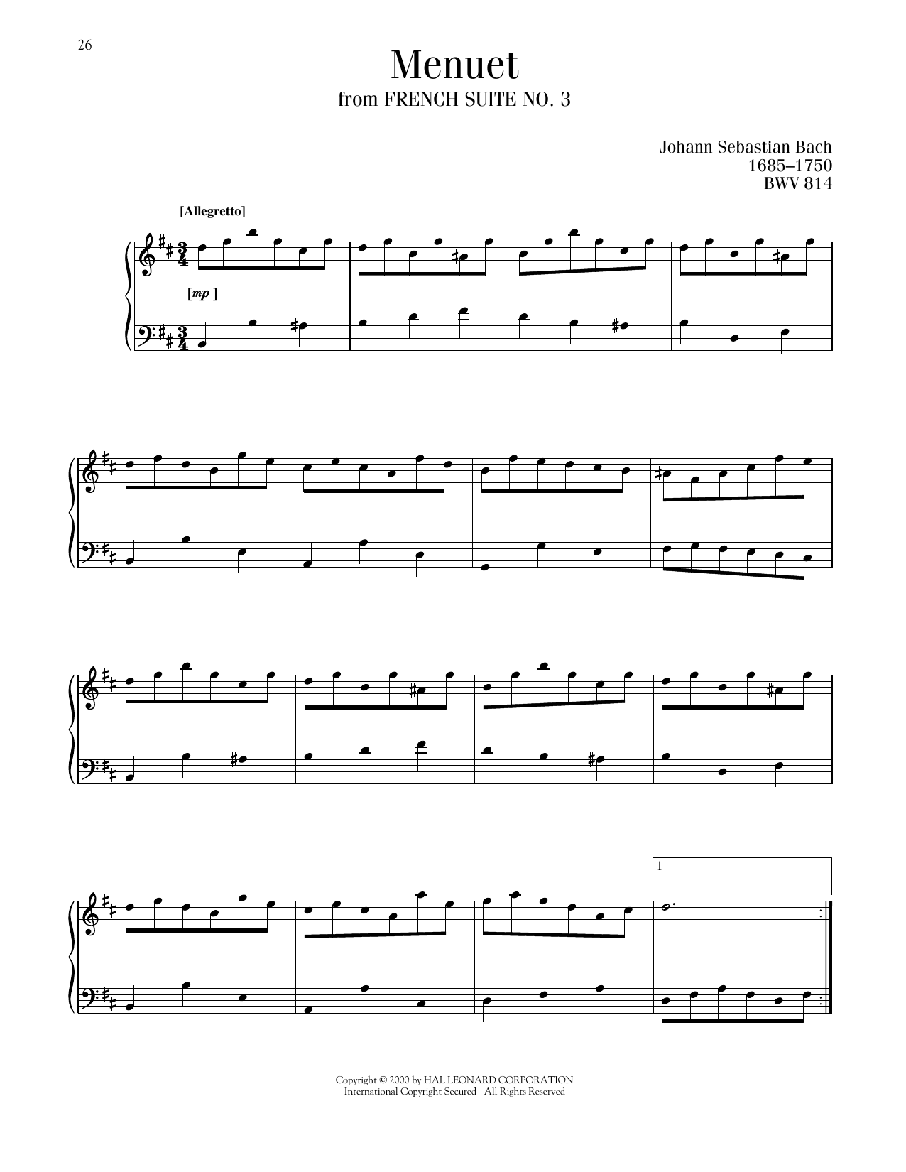 Johann Sebastian Bach Menuet I, BWV 814 Sheet Music Notes & Chords for Piano Solo - Download or Print PDF