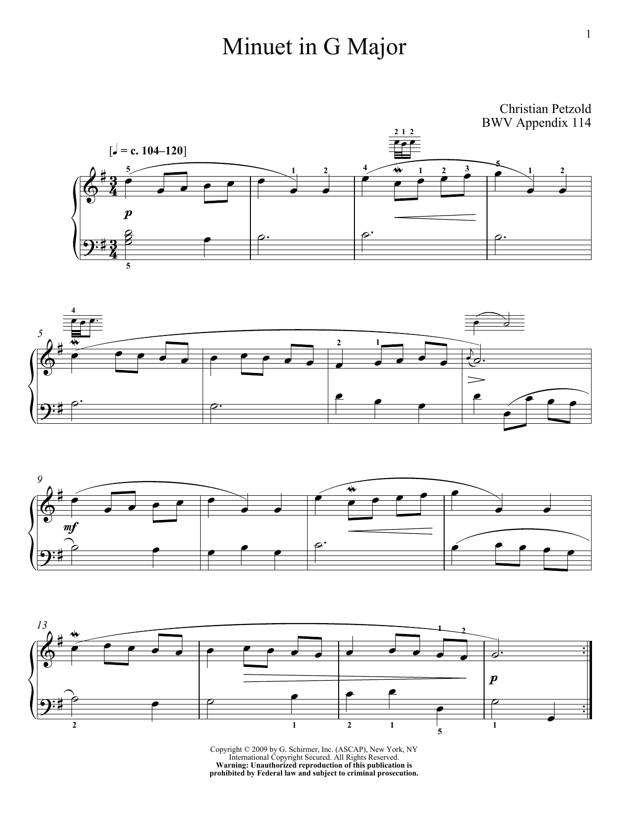 Johann Sebastian Bach Menuet In G Major, BWV App. 114 Sheet Music Notes & Chords for Piano - Download or Print PDF