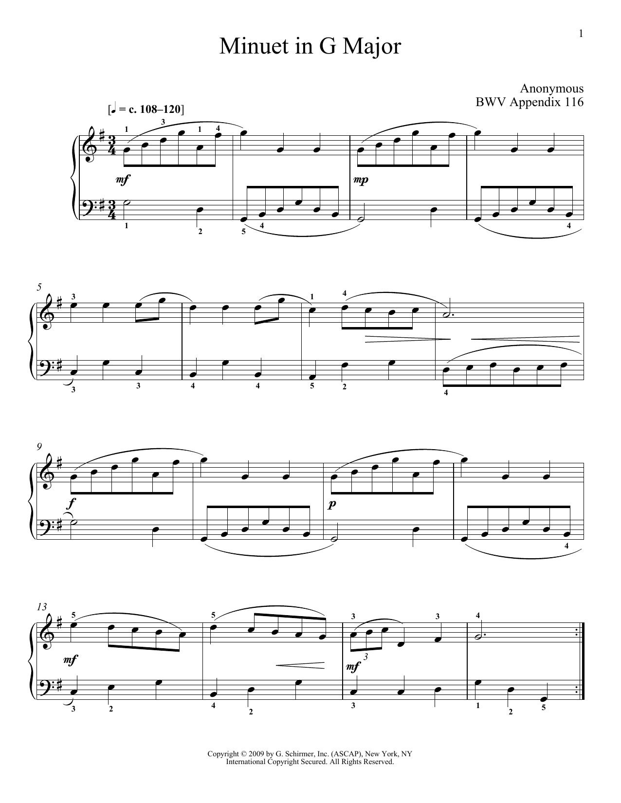 Johann Sebastian Bach Menuet In G Major, BWV App. 116 Sheet Music Notes & Chords for Piano - Download or Print PDF