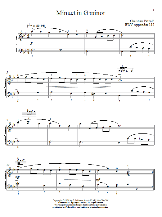 Johann Sebastian Bach Menuet In G Minor, BWV App. 115 Sheet Music Notes & Chords for Piano - Download or Print PDF