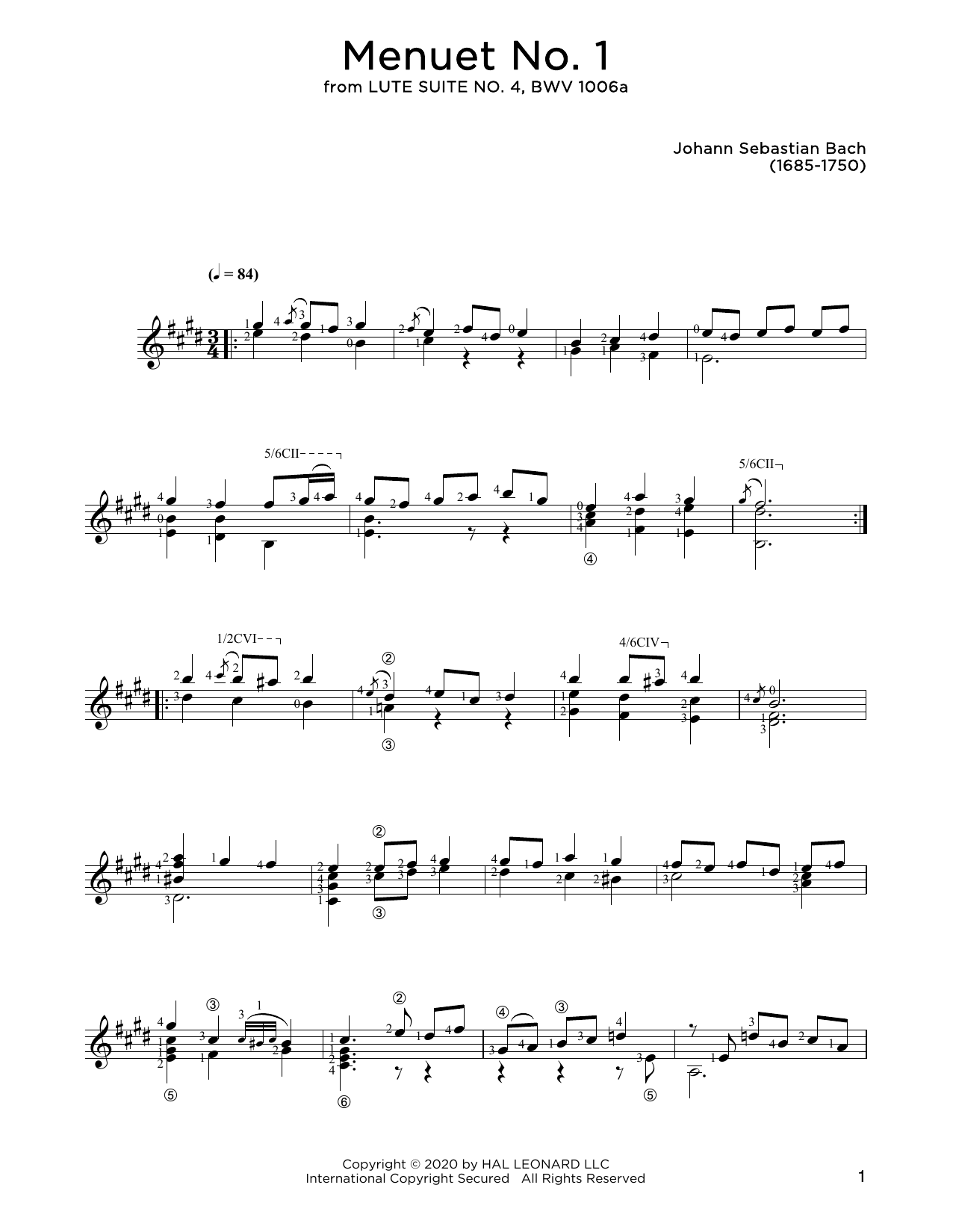 Johann Sebastian Bach Menuet No. 1 Sheet Music Notes & Chords for Solo Guitar - Download or Print PDF