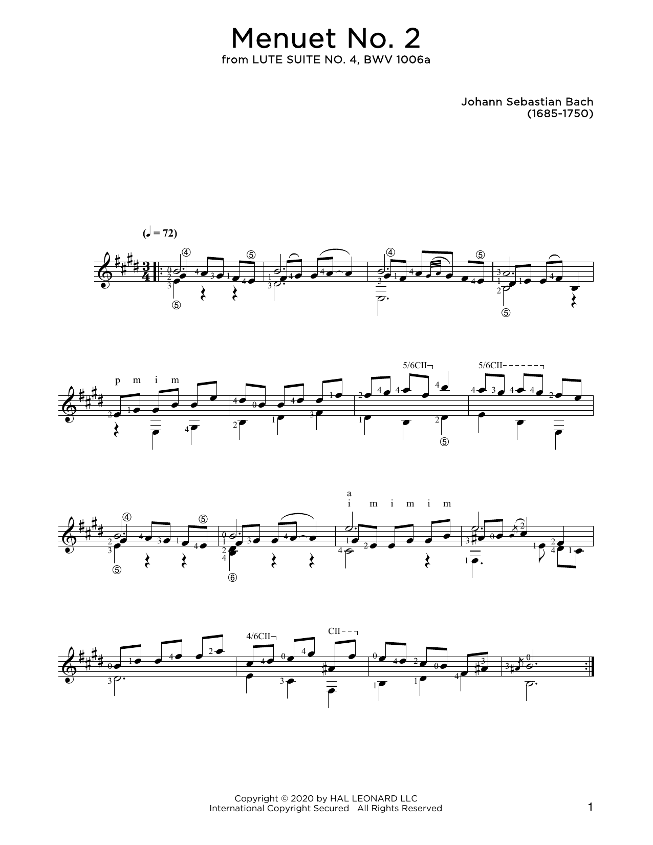 Johann Sebastian Bach Menuet No. 2 Sheet Music Notes & Chords for Solo Guitar - Download or Print PDF