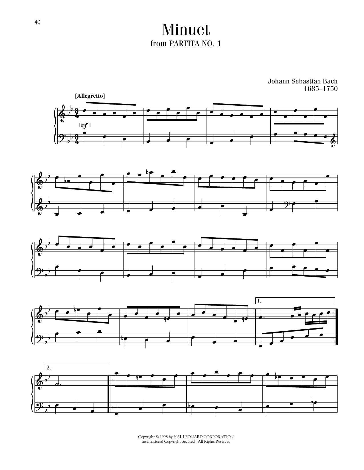 Johann Sebastian Bach Menuet Sheet Music Notes & Chords for Piano Solo - Download or Print PDF