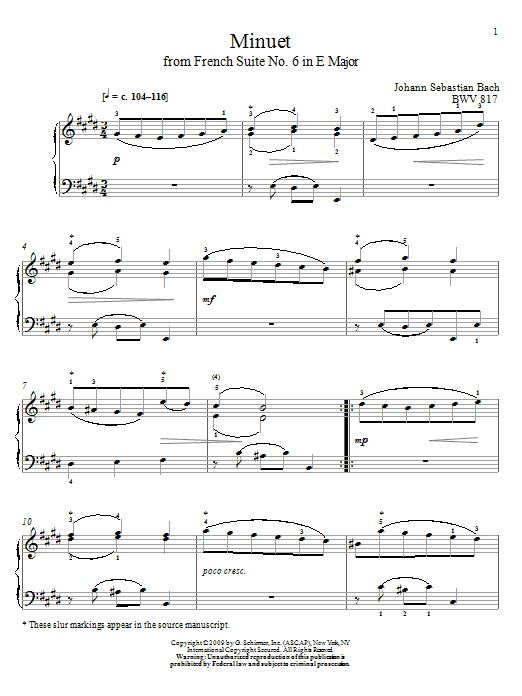 Johann Sebastian Bach Minuet, BWV 817 Sheet Music Notes & Chords for Piano Solo - Download or Print PDF