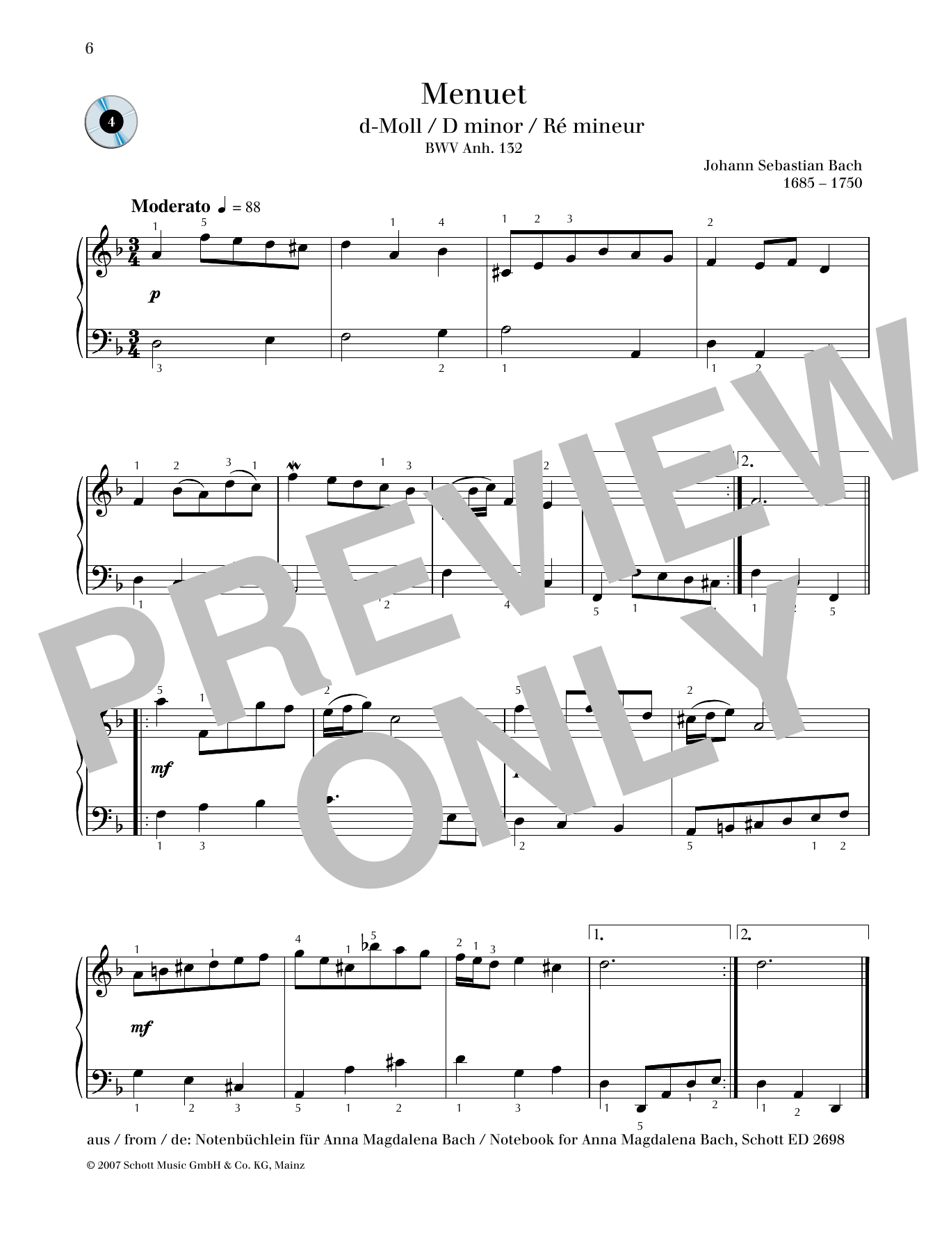 Johann Sebastian Bach Minuet D minor Sheet Music Notes & Chords for Piano Solo - Download or Print PDF