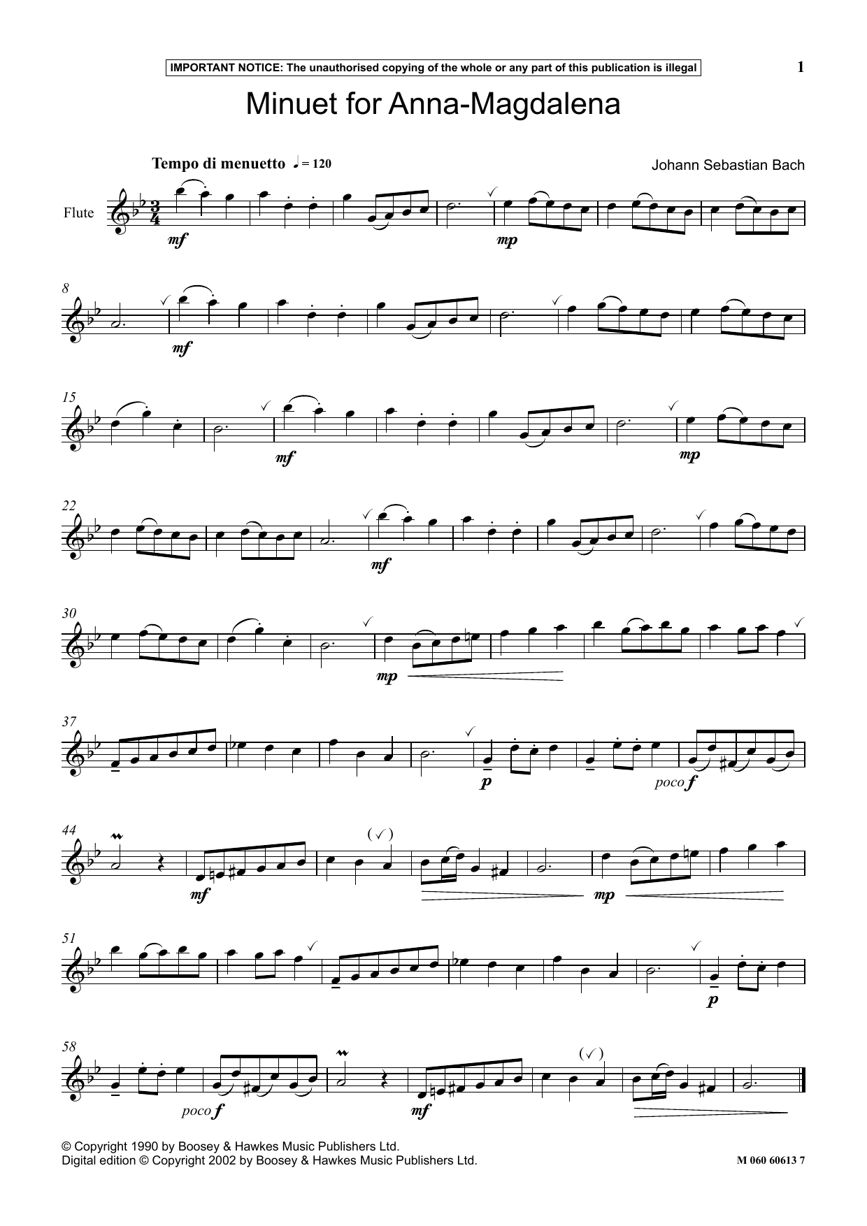 Johann Sebastian Bach Minuet For Anna Magdalena Sheet Music Notes & Chords for Instrumental Solo - Download or Print PDF