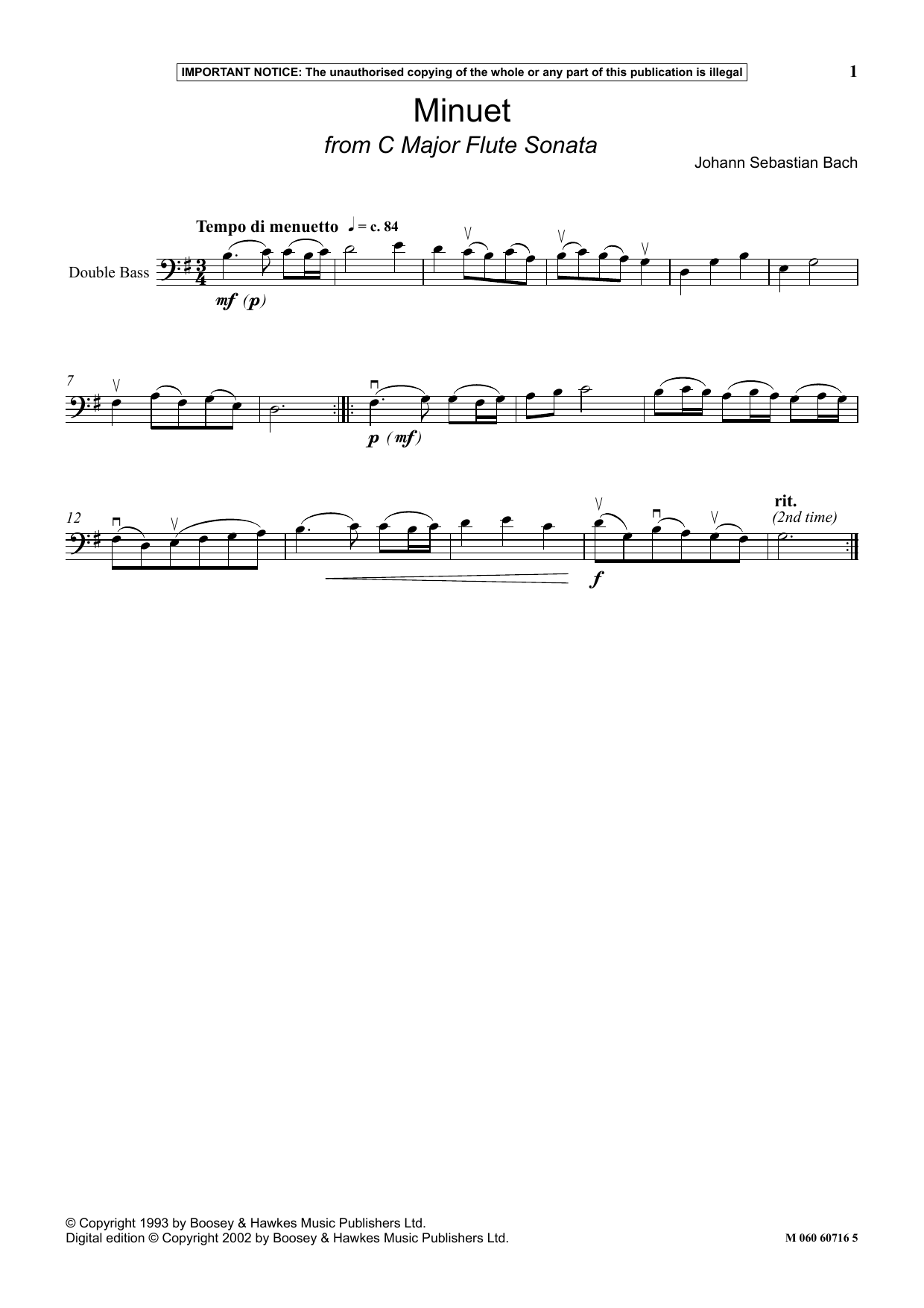 Johann Sebastian Bach Minuet (from C Major Flute Sonata) Sheet Music Notes & Chords for Instrumental Solo - Download or Print PDF