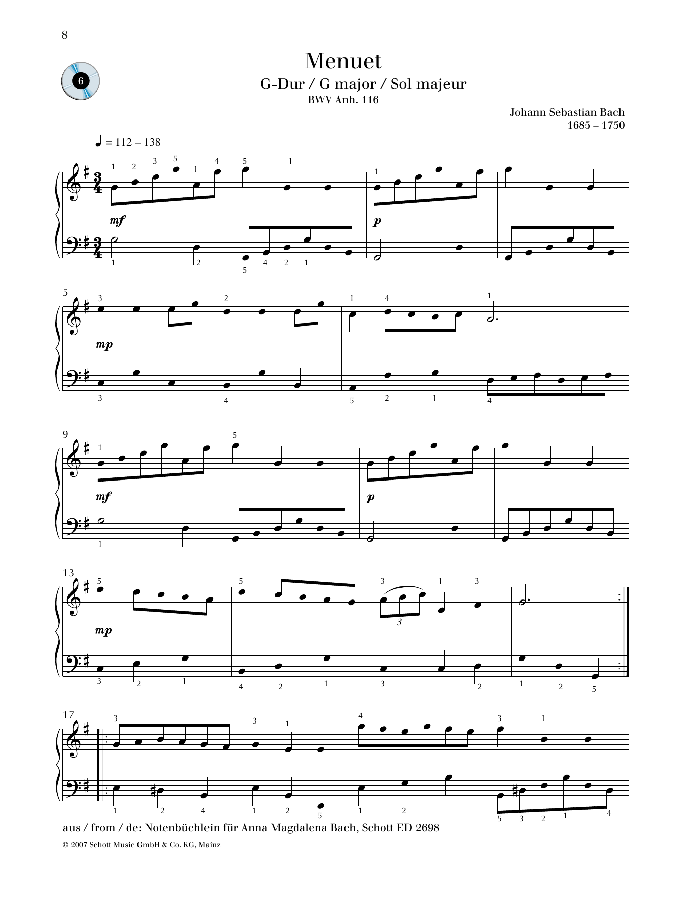 Johann Sebastian Bach Minuet G major Sheet Music Notes & Chords for Piano Solo - Download or Print PDF